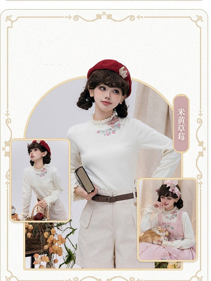 Strawberry Embroidery Neckline Lace-up Cuffs Beige Autumn Knit Top