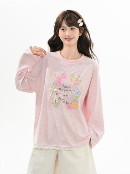 Sweet Floral Print Lace Trim Biege/Pink Round Neck Top