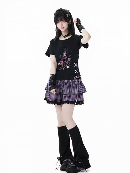 Purple Plaid Hem Black Lace-up Details Leg Warmers