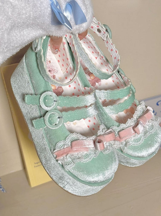Lace Trim Bowknot at Top Velvet Pink&Green Buckle Straps Platforms
