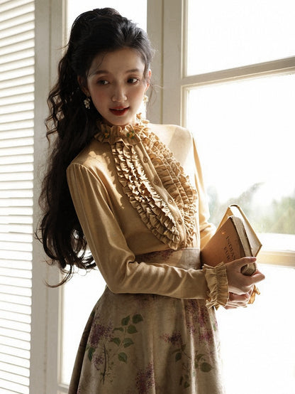 Milk White/Khaki Vintage Floral Ruffled Trim Blouse