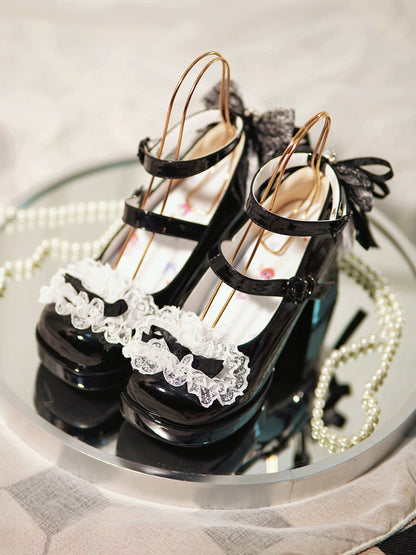 Black Knotted Bow at Top Lace Trim Heart Buckles High Block Heels