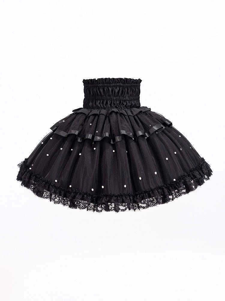 Allover Bead Black High Waist Jirai Kei Skirt with Lace Up and Shirring Waist