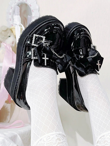 Polished Black Jirai Kei Cross Chain Decorated Bow Rhinestoned Buckles Platform Loafers