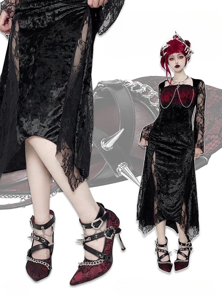 Spike Studs Coffin-shaped Buckles Red Lace Gothic Punk Stiletto Heels with Chains