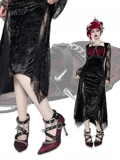 Spike Studs Coffin-shaped Buckles Red Lace Gothic Punk Stiletto Heels with Chains