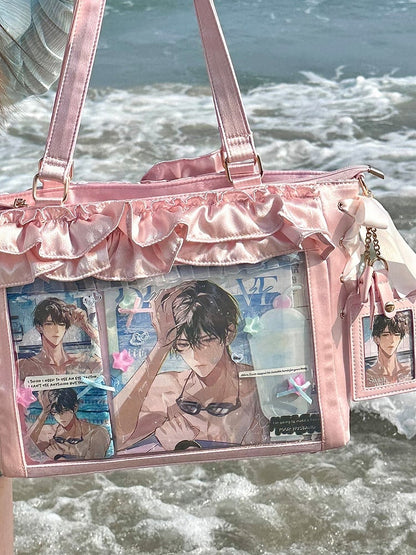 Pink Satin Ruffle Trims Self-tie Straps Ita Bag With Bow Card Holder