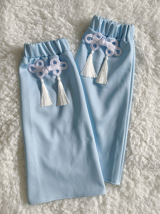 Tenshi Kaiwai Blue Tassel and Knot Button Leg Warmers
