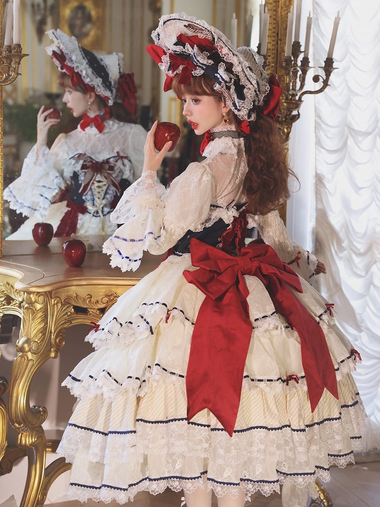 Snow White Vibes Dark Blue and Red Boned Corset Top + Tiered Skirt Gorgeous Hime Lolita Full Set