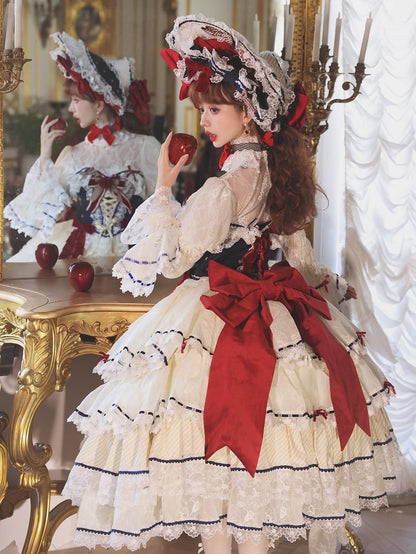 Snow White Vibes Dark Blue and Red Boned Corset Top + Tiered Skirt Gorgeous Hime Lolita Full Set