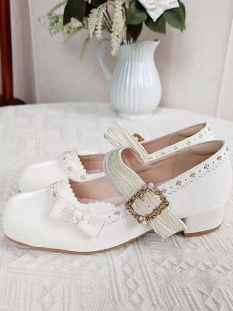 PU White Elegant Lolita Mary Janes - Low/Mid Heel with Pleated Straps & Floral Cutouts