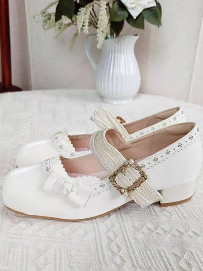 PU White Elegant Lolita Mary Janes - Low/Mid Heel with Pleated Straps & Floral Cutouts
