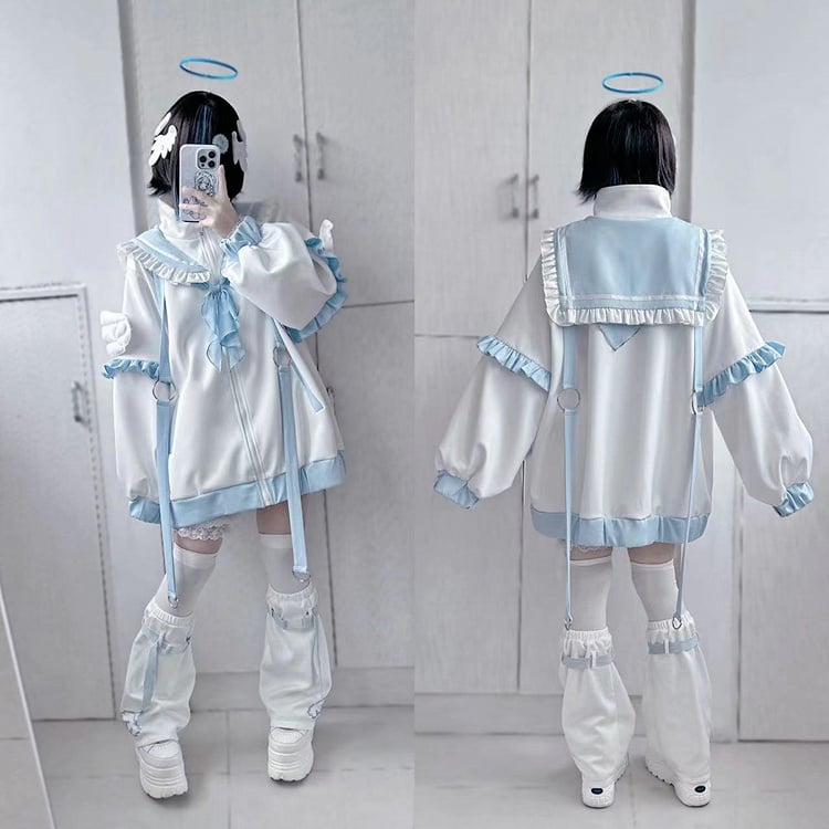 Tenshi Kaiwai White & Blue Sailor Collar Wings Design Jirai Kei Jacket/Leg Warmers