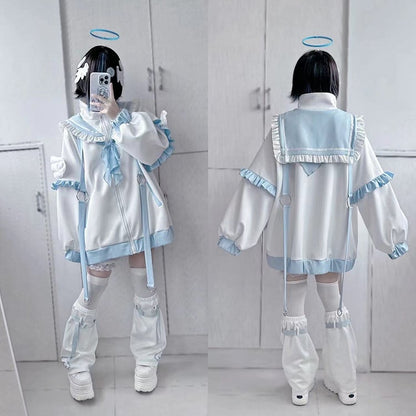 Tenshi Kaiwai White & Blue Sailor Collar Wings Design Jirai Kei Jacket/Leg Warmers