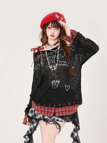 Plaid Hem Asymmetrical Neckline Puppy Print Beige/Black Semi-sheer Coverup