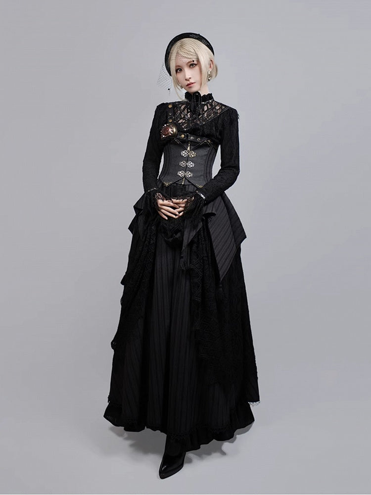 Black Gothic Banded Collar Lace Shirt