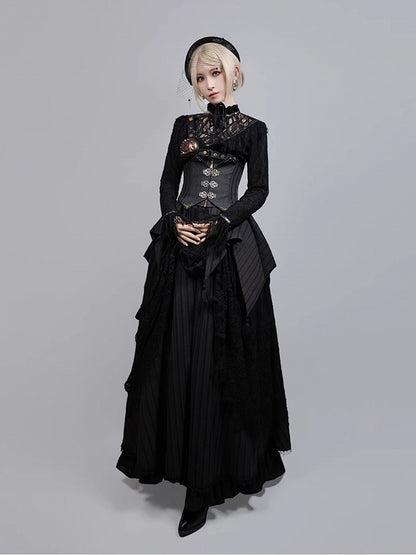 Black Gothic Banded Collar Lace Shirt