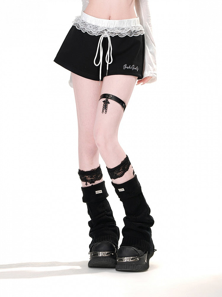 Lace Trim Drawstring Waist Wide-Leg Black Mini Casual Shorts
