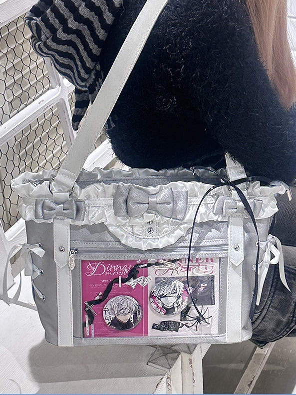 Silver&White Bowknot Details Ruffles Trim Lace-up Design Ita Bag