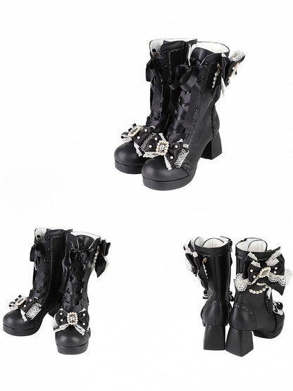 Black Sweet Lolita Mid-Calf Boots - Sparkling Beaded Bow Accents & Functional Lace+Zip Design