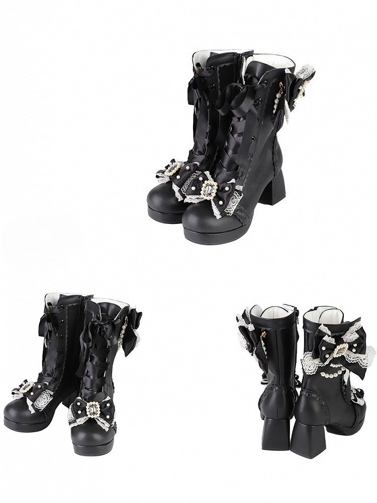 Black Sweet Lolita Mid-Calf Boots - Sparkling Beaded Bow Accents & Functional Lace+Zip Design