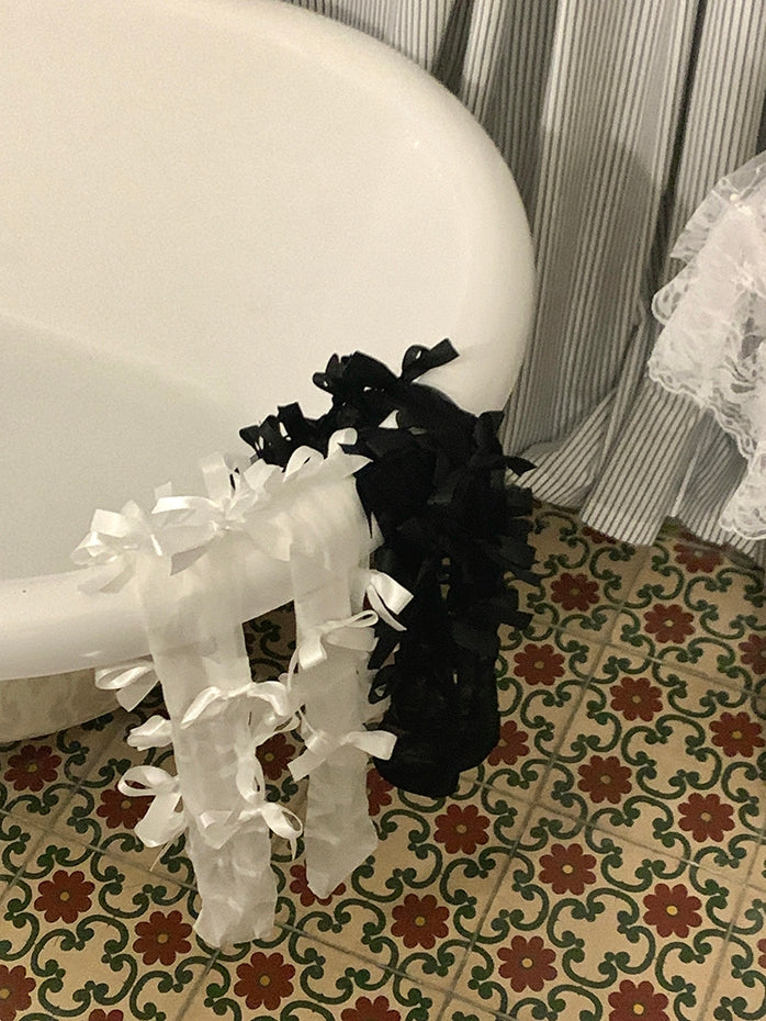 White/Black Crisscorss Banded Bowknot Details Over-knee Stockings