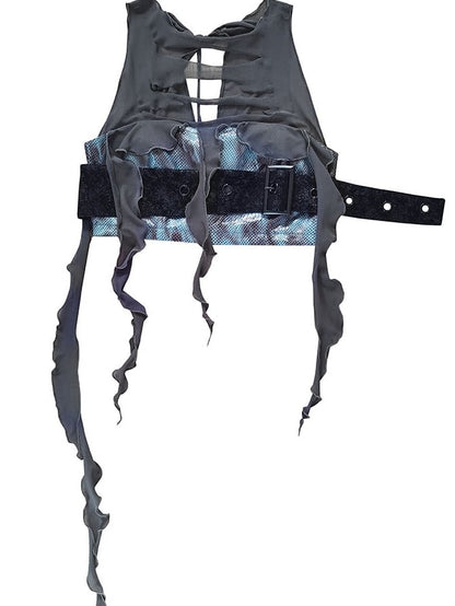 Wasteland Punk Distressed Holes Navy Blue PU Top Tassel Design