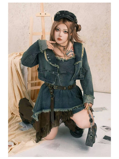 Plus Size Y2K Gray-Blue Distressed Denim Slip Dress with Layered Asymmetrical Hem & Star Patch