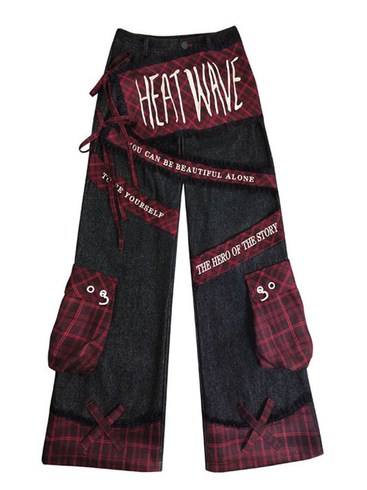 Letters Embroidery Black Punk Cargo Jeans with Plaid Pockets