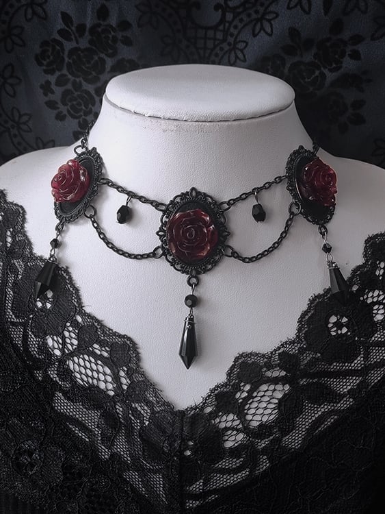 Vintage Black and Red Gothic Rosette Necklace