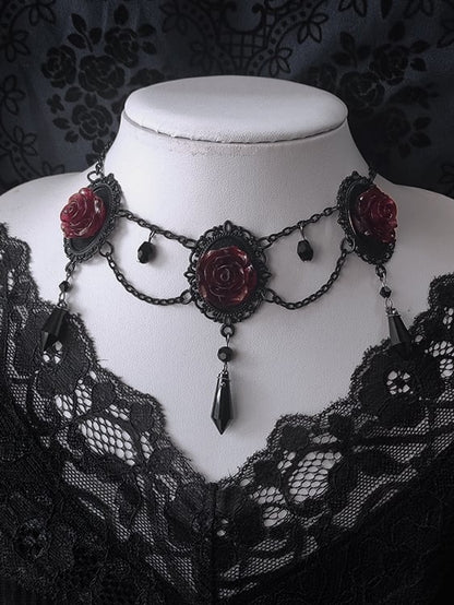 Vintage Black and Red Gothic Rosette Necklace