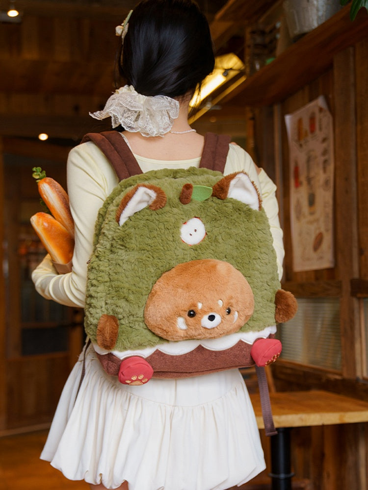 Brown&Green Apple Design Cute Plush Red Panda Backpack Middle/Large Size