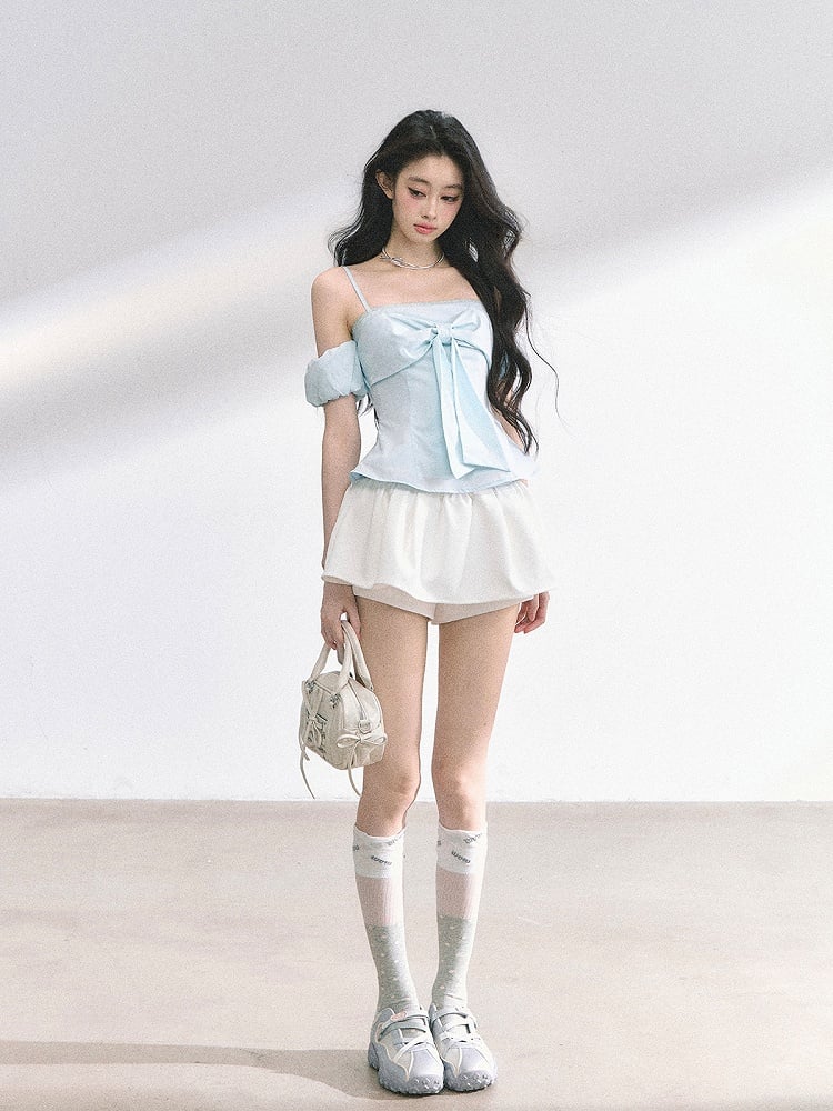 Big Bow Neckline White/Floral/Blue Off-the-shoulder Neckline Top