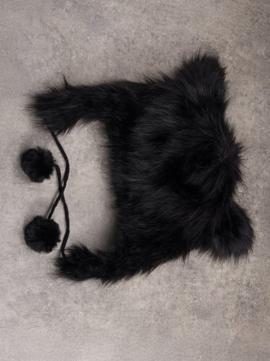 Black Gothic Pompon Charms Plush Cat Ear Hat With Pin Decorated Skeleton Applique Bone