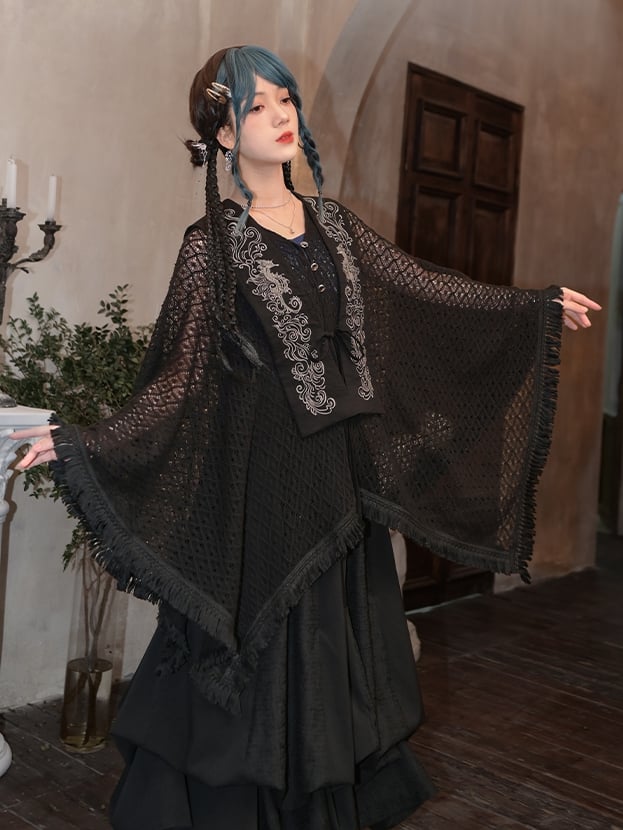 Tassel Hem Black Cheongsam Style Hollow-out Cape Cardigan with Detachable Seahorse and Coral Embroidery Collar