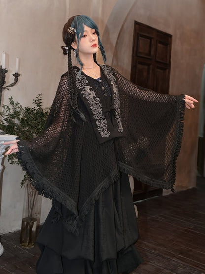 Tassel Hem Black Cheongsam Style Hollow-out Cape Cardigan with Detachable Seahorse and Coral Embroidery Collar