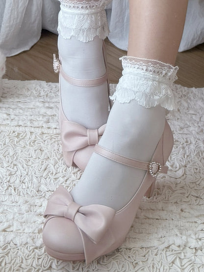 High-heel Sakura Pink PU Leather Shoes - Rhinestone Heart Closure & Delicate Bow Design