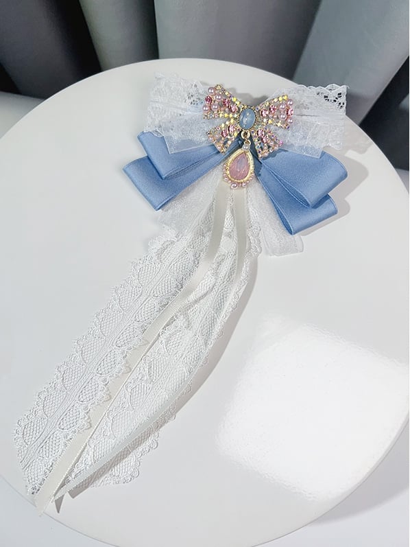 Pink/Blue Preppy Style Rhinestone And Beaded Decorated Butterfly Design Bow Tie