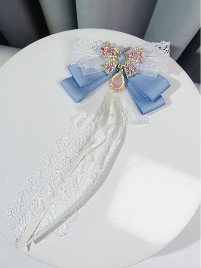 Pink/Blue Preppy Style Rhinestone And Beaded Decorated Butterfly Design Bow Tie