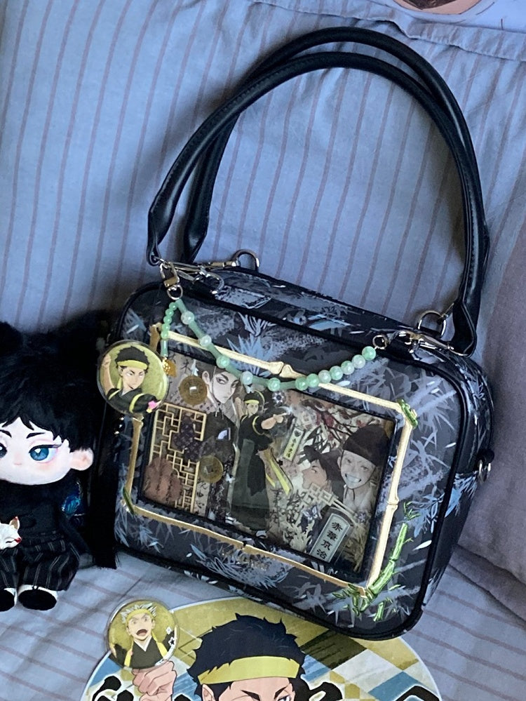 Black Bamboo Leaf Pattern Cheongsam Style Ita Shoulder Bag with Detachable Beaded Chain