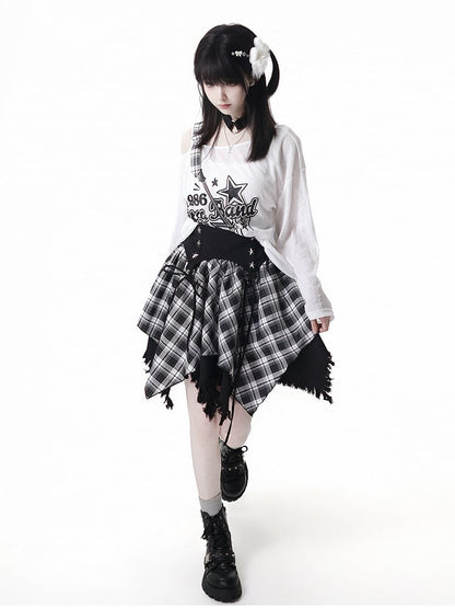 Frayed Handkerchief Hem Blue & White /Black & White Plaid Skirt
