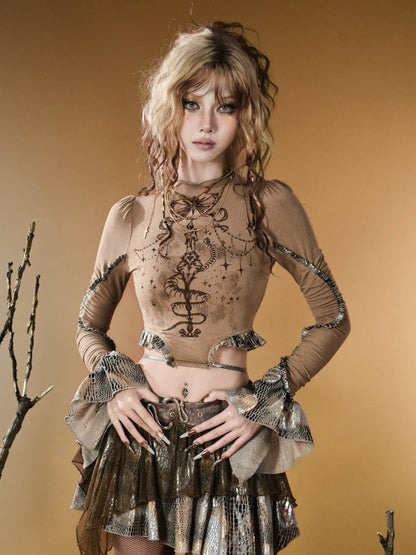 Brown Wasteland Punk Snakeskin Pattern Print Design Bell Sleeves Top