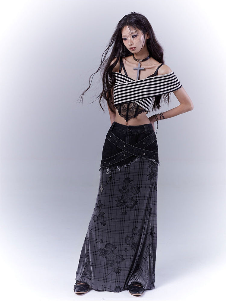 Black and White Off-the-shoulder Neckline Studded Striped Strapless Top