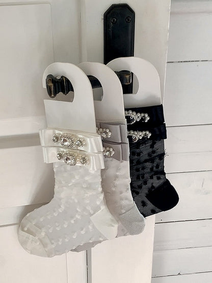 White/Grey/Black Rhinestone Bowknot Decorated Socks