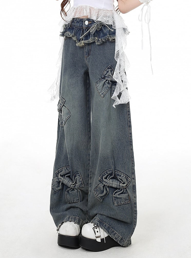 Blue Big Bows Raw Hem Wide-Leg Jeans
