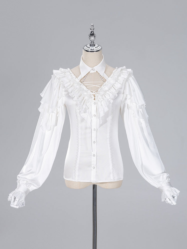 All White Cascading Ruffles V-neck Long Sleeves Backless Shirt with Bead Chains