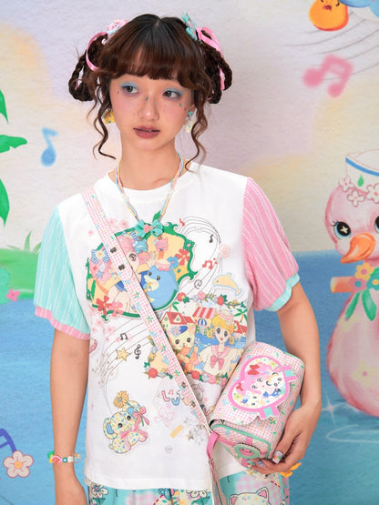 Pink Floral Plaid Pattern Shoulder Bag with Kitty Charm