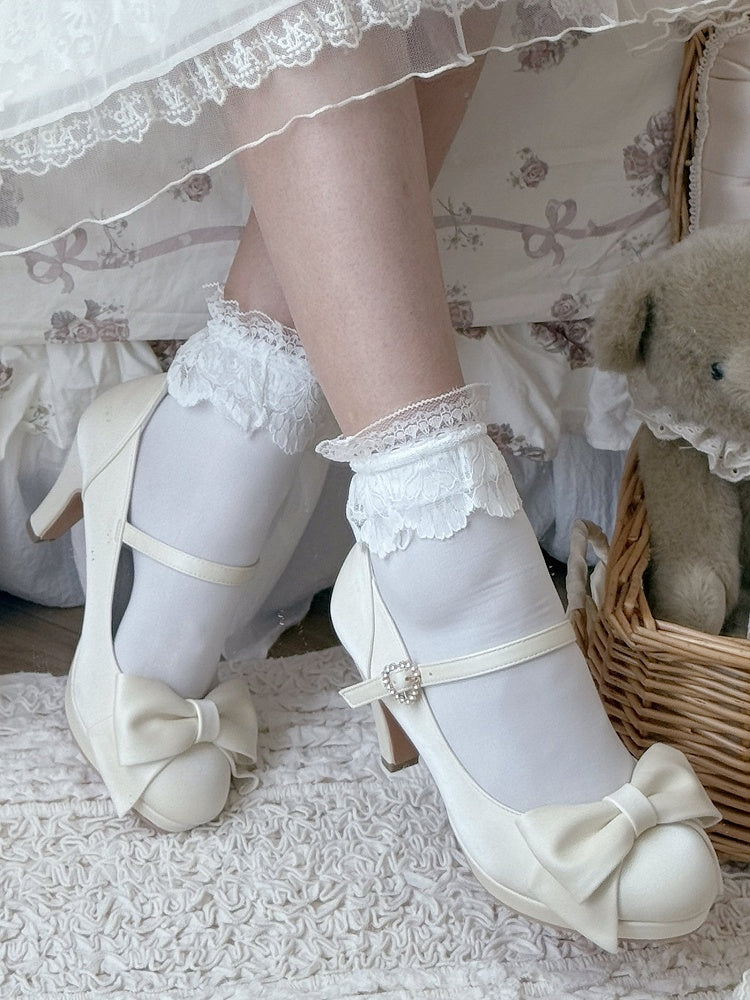 Elegant Creamy White Lolita Stilettos - Crystal Embellished Heart Buckle & Top Bow