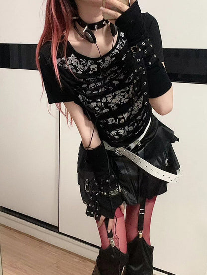 Black Skeleton Print Hollowed-out Punk T-shirt + Buckle Straps Detachable Sleeves