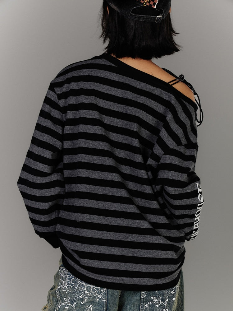 Black & Gray Stripes Drawstring Design Asymmetrical Neckline Applique Punk Top